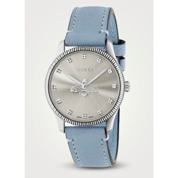 Gucci G-Timeless Silver Bee Quartz Lambskin Strap Watch Blue 29mm 717867 - Picture 1 of 14